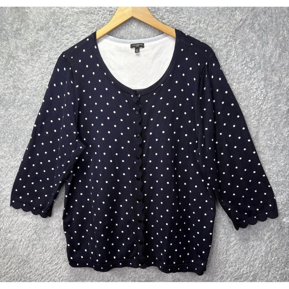 Talbots Woman 2X Cardigan Navy Blue White Polka Dot Scallop Cotton Rayon